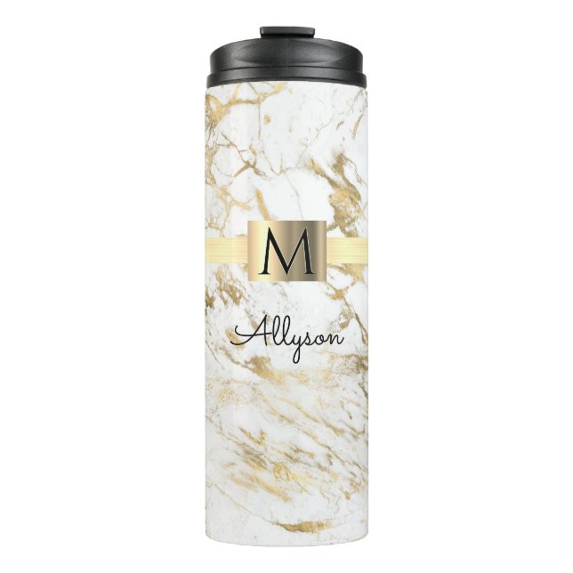 White & Gold Marble, Gold Box, Name & Monogram Thermal Tumbler (Front)