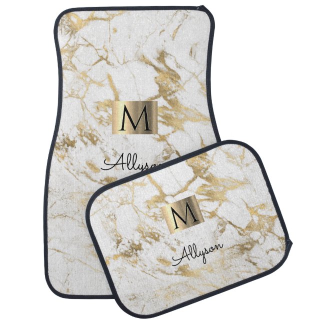 White & Gold Marble, Gold Box, Name & Monogram Vs2 Car Floor Mat (Set)