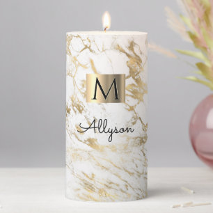 White & Gold Marble, Gold Box, Name & Monogram Vs2 Pillar Candle
