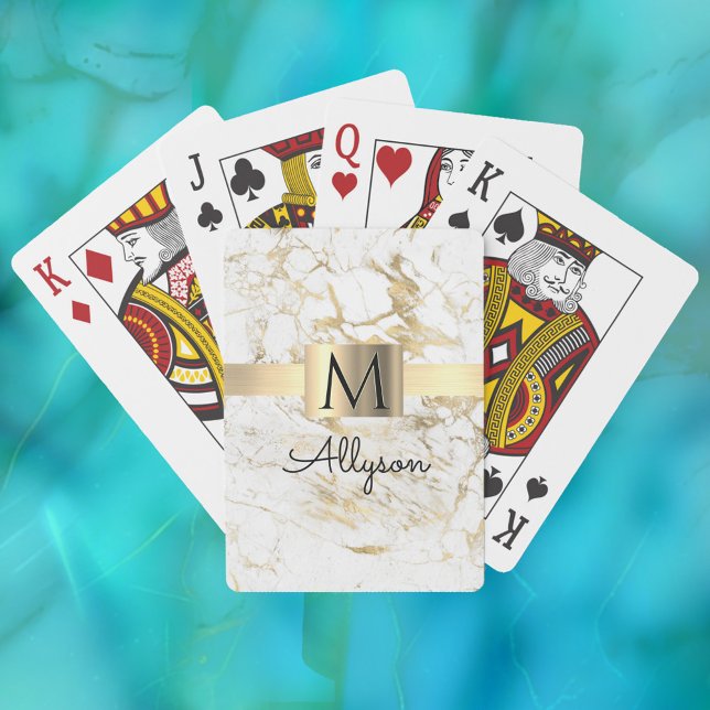 White & Gold Marble, Gold Box, Name & Monogram Vs2 Poker Cards (Creator Uploaded)