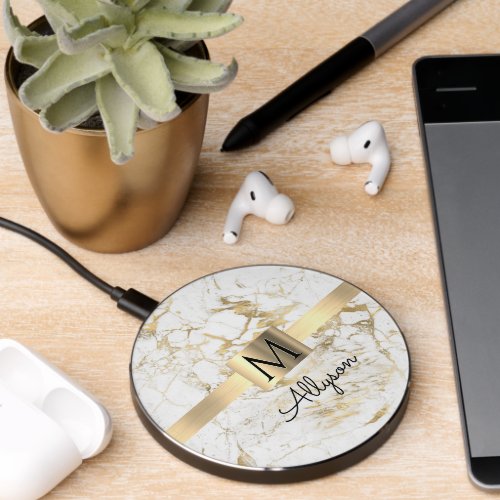 White  Gold Marble Gold Box Name  Monogram Wireless Charger