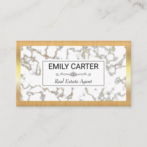 White Gold Marble  Gold Metallic Frame Lux Business Card