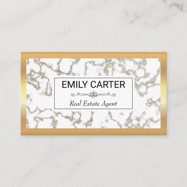 White Gold Marble | Gold Metallic Frame Lux Business Card (Front)