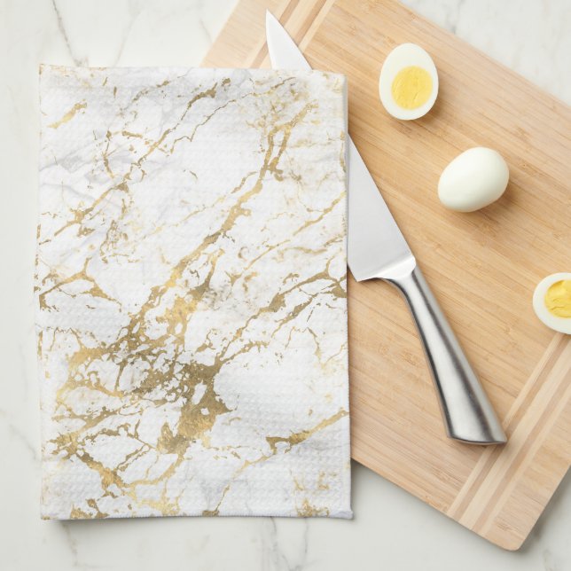 White & Gold Marble Kitchen Towel (Quarter Fold)