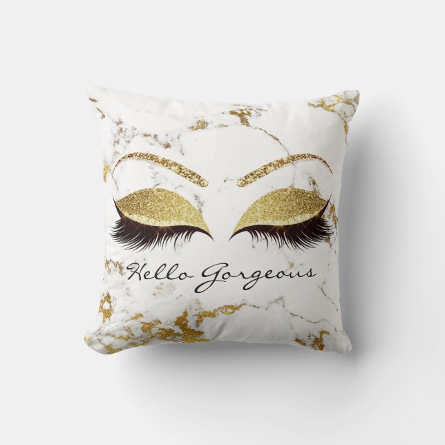 White Gold Marble Makeup Lashes Hello Gorgeous Throw Pillow (Front)