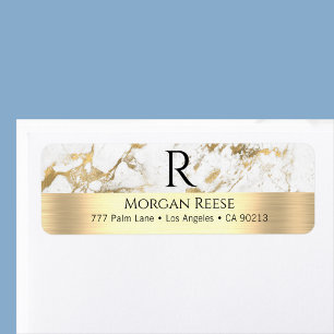 White & Gold Marble, Name & Monogram Address Label