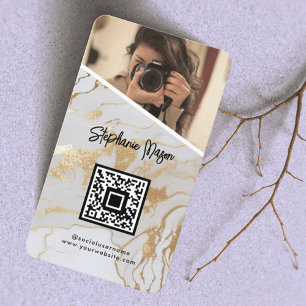 White Gold Marble Photo QR Code Modern Photography Business Card