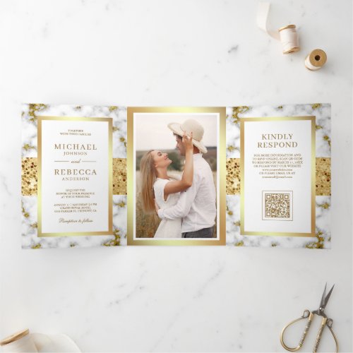 White Gold Marble Photo QR Code Wedding Tri-Fold Invitation