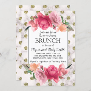 White Gold Marble Pink Floral Baby Shower Brunch Invitation