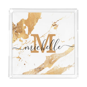 White Gold Marble Sophisticated Script Monogram  Acrylic Tray