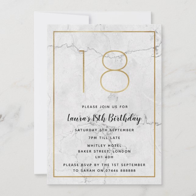 White & Gold Marbled 18th Birthday Invites (Front)