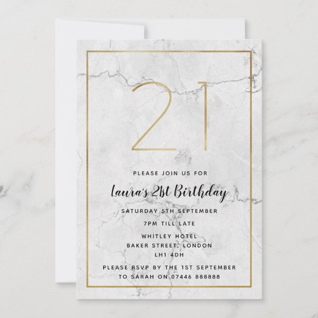 White & Gold Marbled 21st Birthday Invites (Front)
