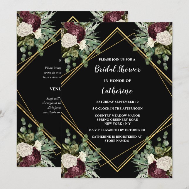 White gold maroon rose botanical floral chic invitation (Front/Back)