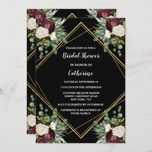 White gold maroon rose botanical floral chic invitation