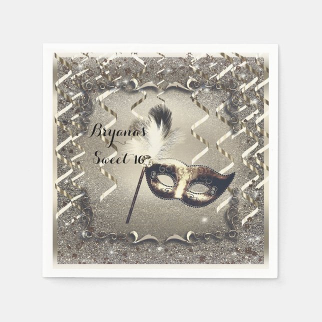 White Gold Masquerade Mask Elegant Ball Party Napkins (Front)