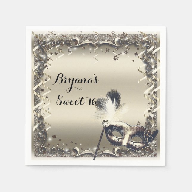 White Gold Masquerade Mask Elegant Ball Party Paper Napkins (Front)