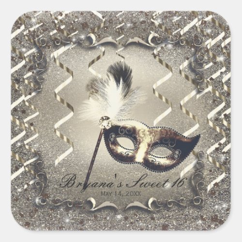 White Gold Masquerade Mask Elegant Ball Party Square Sticker