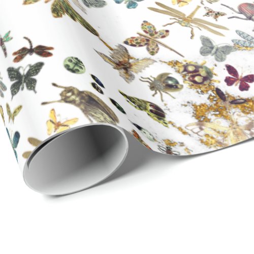 White Gold Meadow Butterfly Insects Gems Marble Wrapping Paper