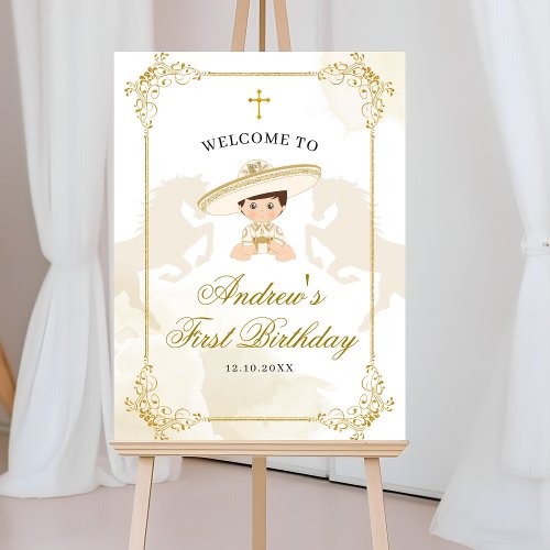 White Gold Mexican Boy 1st Birthday Welcome Sign