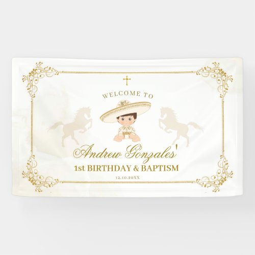 White Gold Mexican Boy Baptism 1st Birthday Large Banner