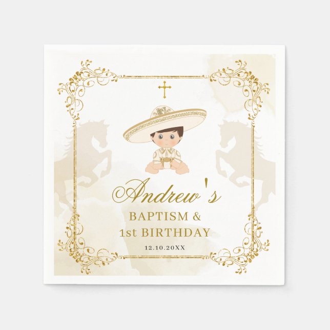 White Gold Mexican Boy Baptism 1st Birthday Paper Napkins (Front)