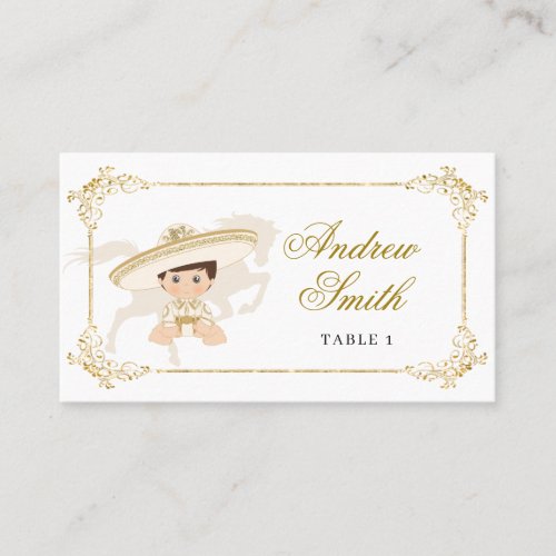 White Gold Mexican Boy Baptism 1st Birthday Place Card