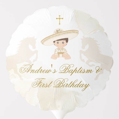 White Gold Mexican Boy Baptism  First Birthday Balloon
