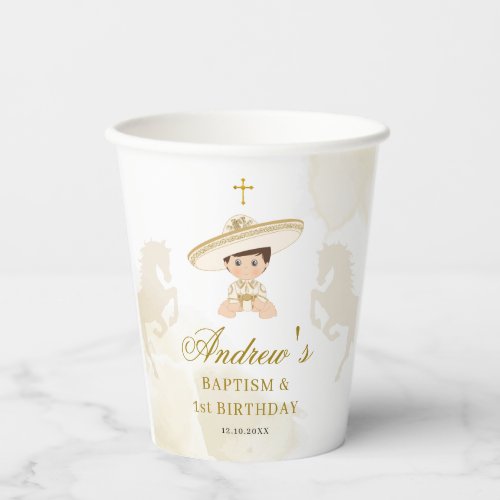 White Gold Mexican Boy Baptism  First Birthday Paper Cups