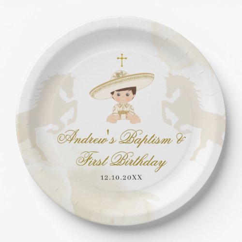 White Gold Mexican Boy Baptism  First Birthday Paper Plates