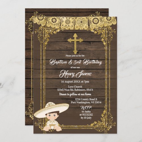 White  Gold Mexican Charro baptism  3rd Birthday Invitation