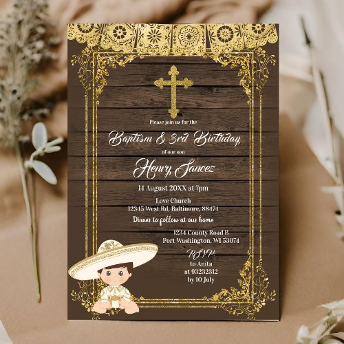 White  Gold Mexican Charro baptism  3rd Birthday Invitation