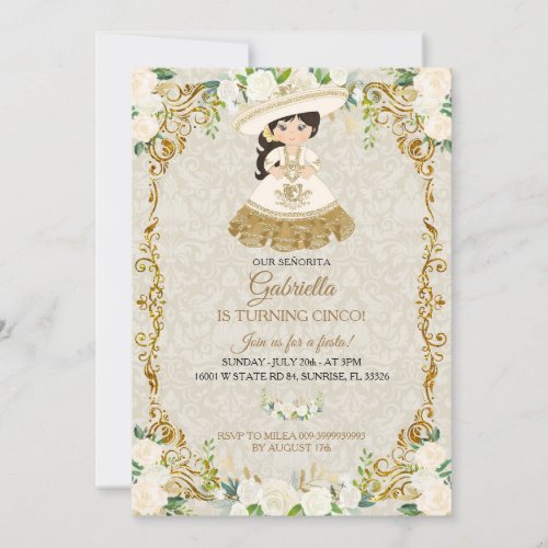 White  Gold Mexican Girl is Turning Cinco Party Invitation