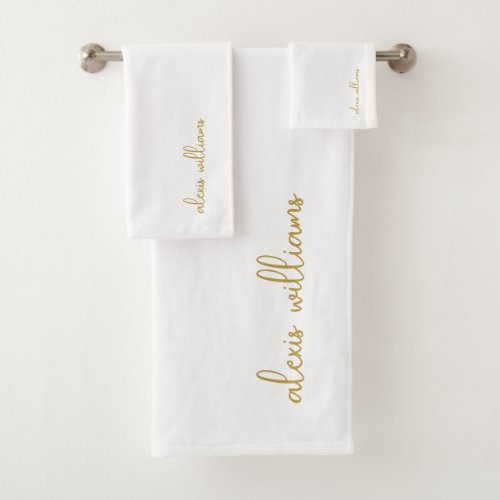 White Gold Minimalist Script Signature Monogram Bath Towel Set