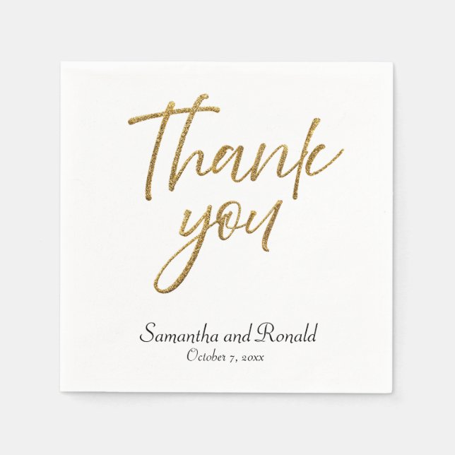 White & Gold Minimalist Thank You Wedding Napkins (Front)