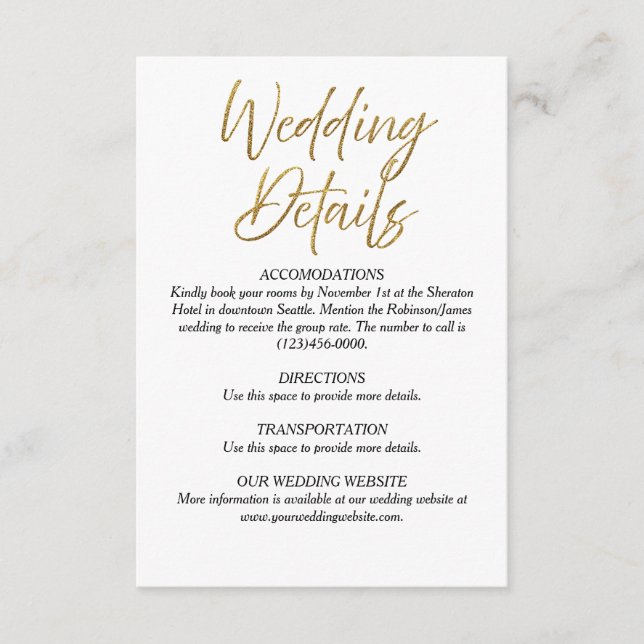 White & Gold Minimalist Wedding Details Card (Front)
