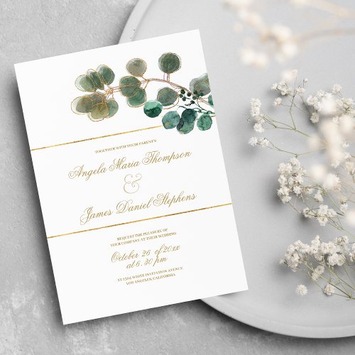 White gold mint green eucalyptus leaves wedding  invitation