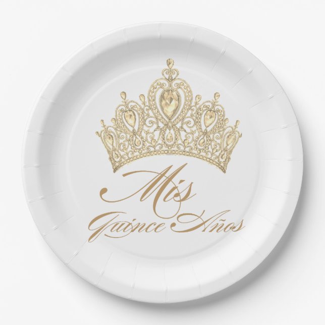 White Gold Mis Quince Anos Chic Elegant Tiara Paper Plates (Front)
