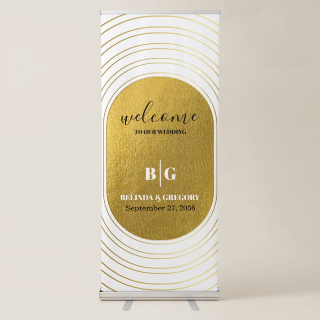 White & Gold Modern Arch Wedding Welcome Sign (Front)