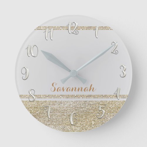 White  Gold Modern Glamour Girl Sequins Glitter Round Clock