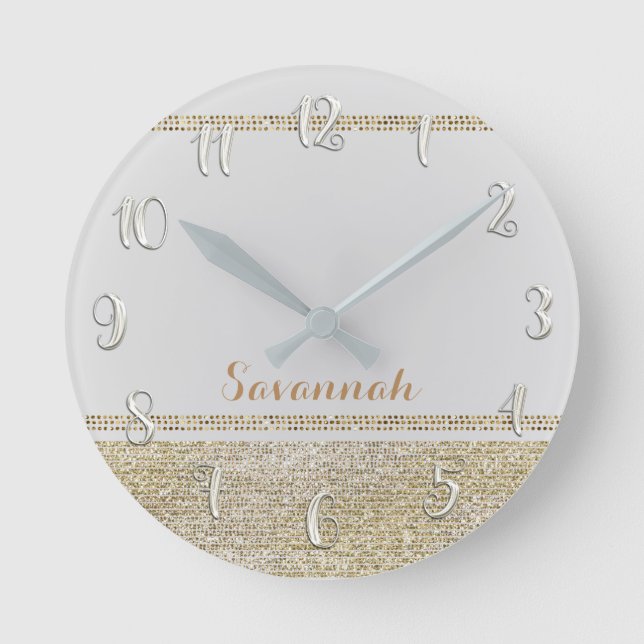 White & Gold Modern Glamour Girl Sequins Glitter Round Clock (Front)