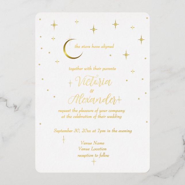 White Gold Modern Minimal Celestial Foil Invitation (Front)
