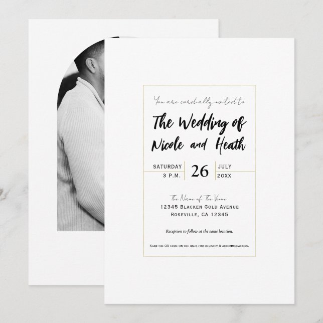 White & Gold Modern Minimal Elegant Wedding Invitation (Front/Back)