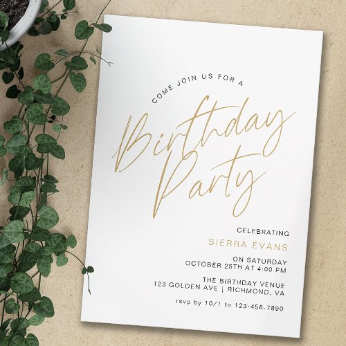 White  Gold  Modern Minimal Typography Birthday Invitation
