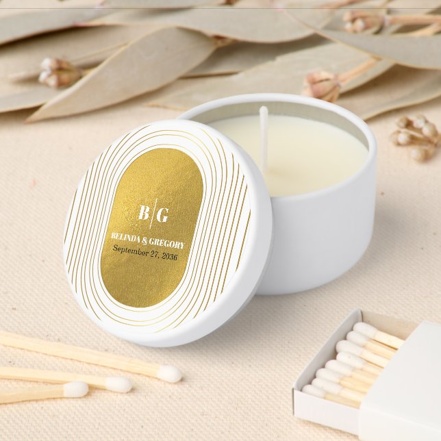 White & Gold Modern Minimalist Arch Wedding Mini Candle Favors (Insitu)