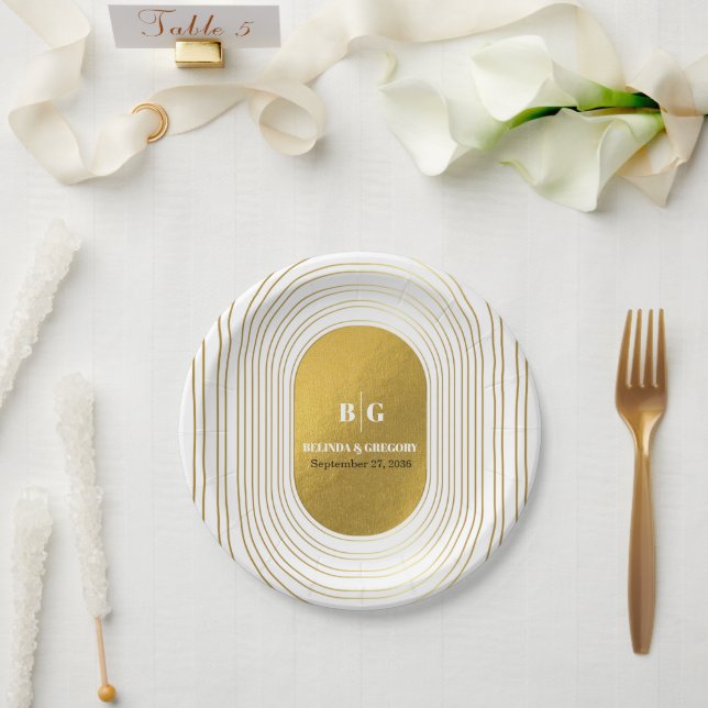 White & Gold Modern Minimalist Arch Wedding Paper Plates (Wedding)