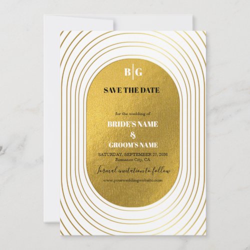 White  Gold Modern Minimalist Arch Wedding Save The Date