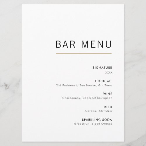 White  Gold Modern Minimalist Wedding Bar Menu