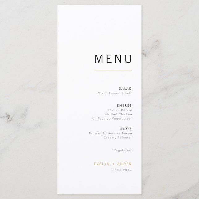 White & Gold Modern Minimalist Wedding Menu (Front)