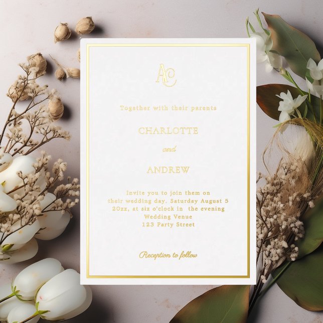 White gold modern monogram luxury wedding foil invitation (Creator Uploaded)