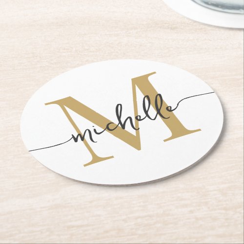 White Gold Modern Monogram Name Elegant Script  Round Paper Coaster